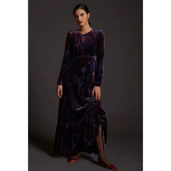 Rachel Parcell Long Sleeve Floral Burnout Velvet Maxi Dress
